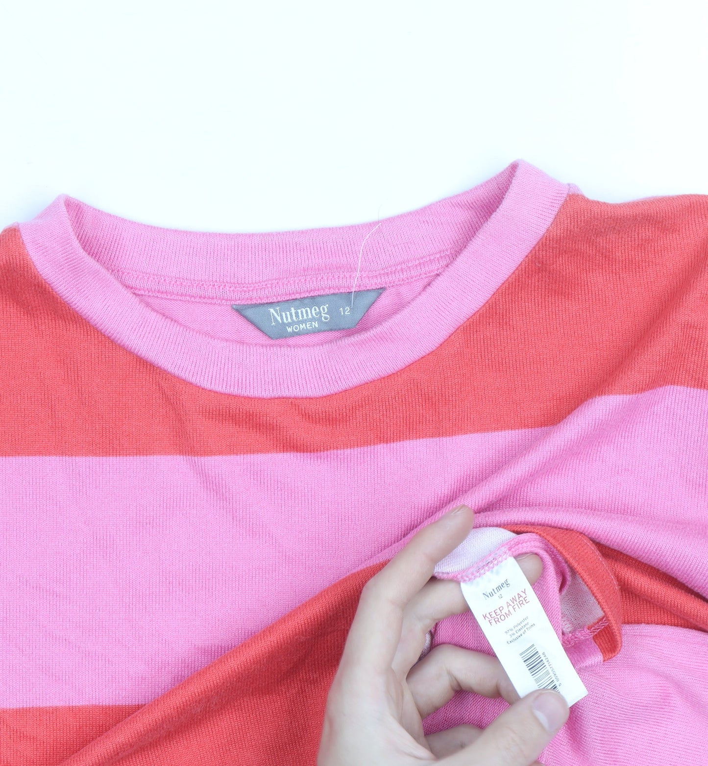 Nutmeg Women Pink Striped Cotton Crew Neck Jumper Size 12