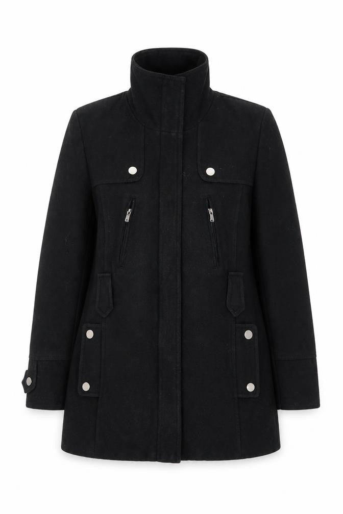 Front view of Canda Women’s Black Wool Blend Mid-Length Overcoat, size UK 12