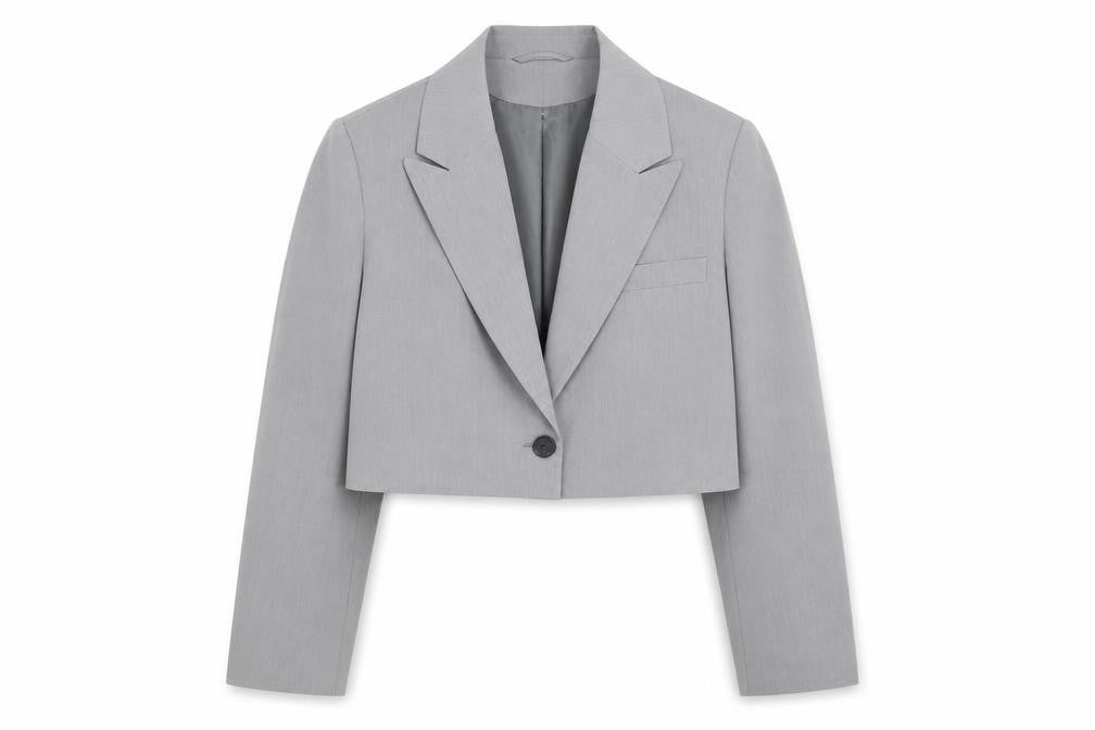 Front view of ASOS Design Women Grey Cropped Blazer UK 8-10 Single-Breasted Jacket