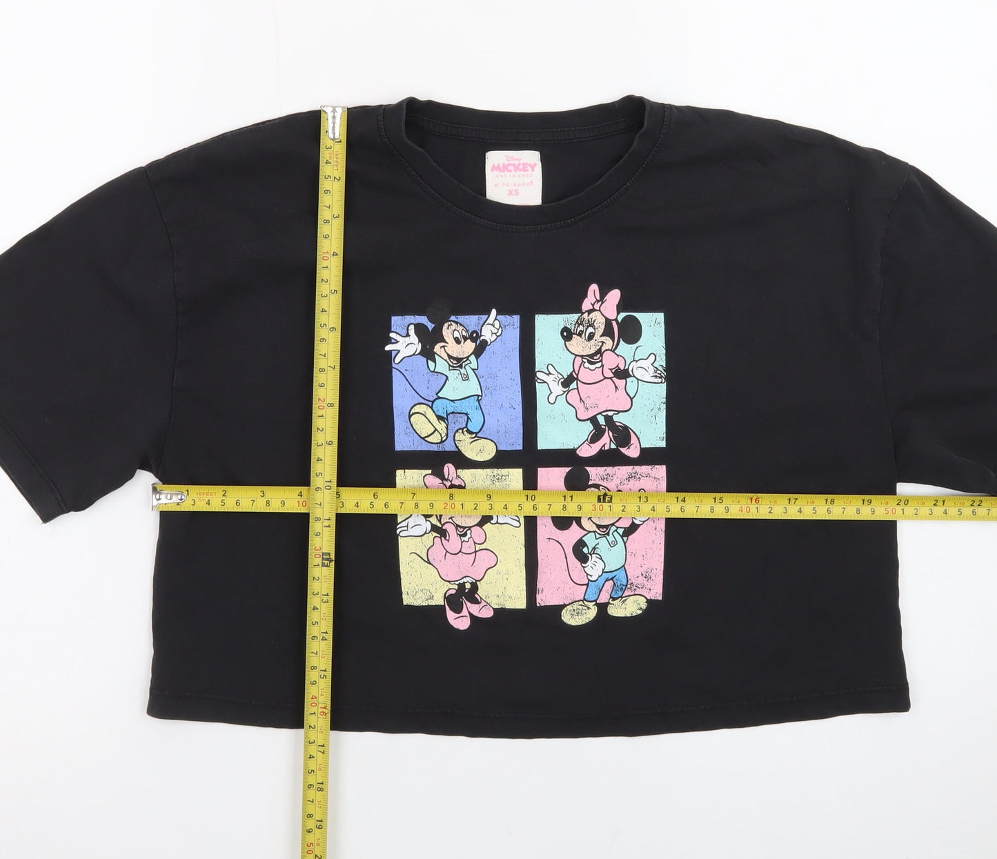 Primark Women Black Cropped Mickey & Minnie Cotton T-Shirt XS
