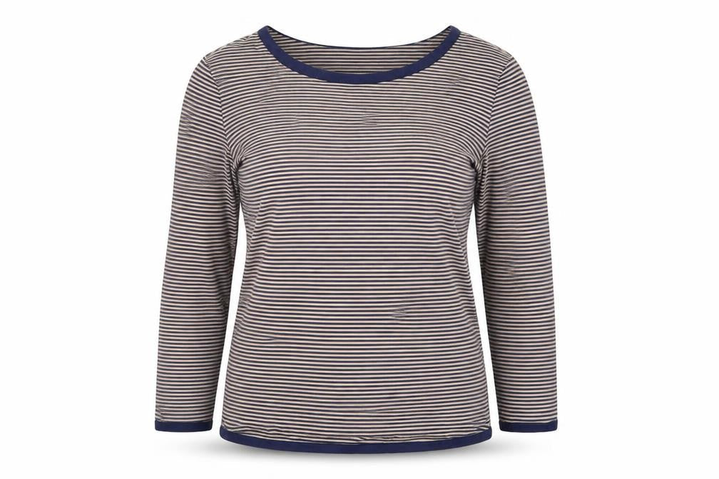 Front view of Jaeger Women Beige and Navy Striped Jersey Long Sleeve Top, size S