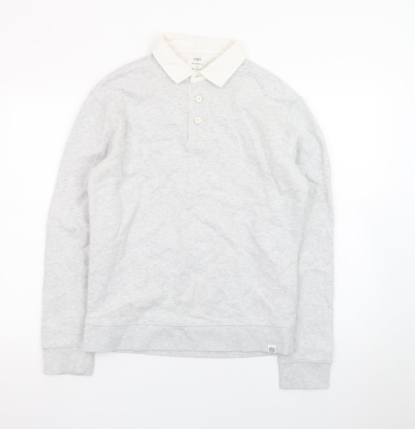 Marks and Spencer Men's Grey Long Sleeve Cotton Polo Shirt Size S