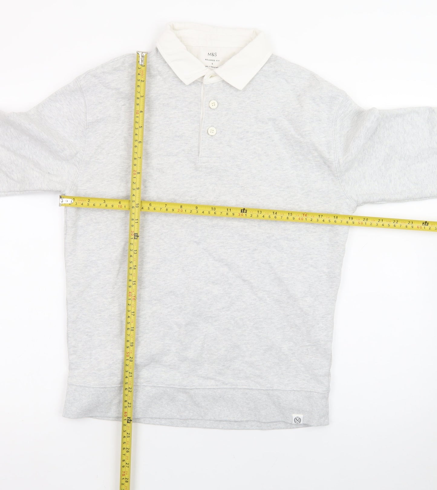 Marks and Spencer Men's Grey Long Sleeve Cotton Polo Shirt Size S