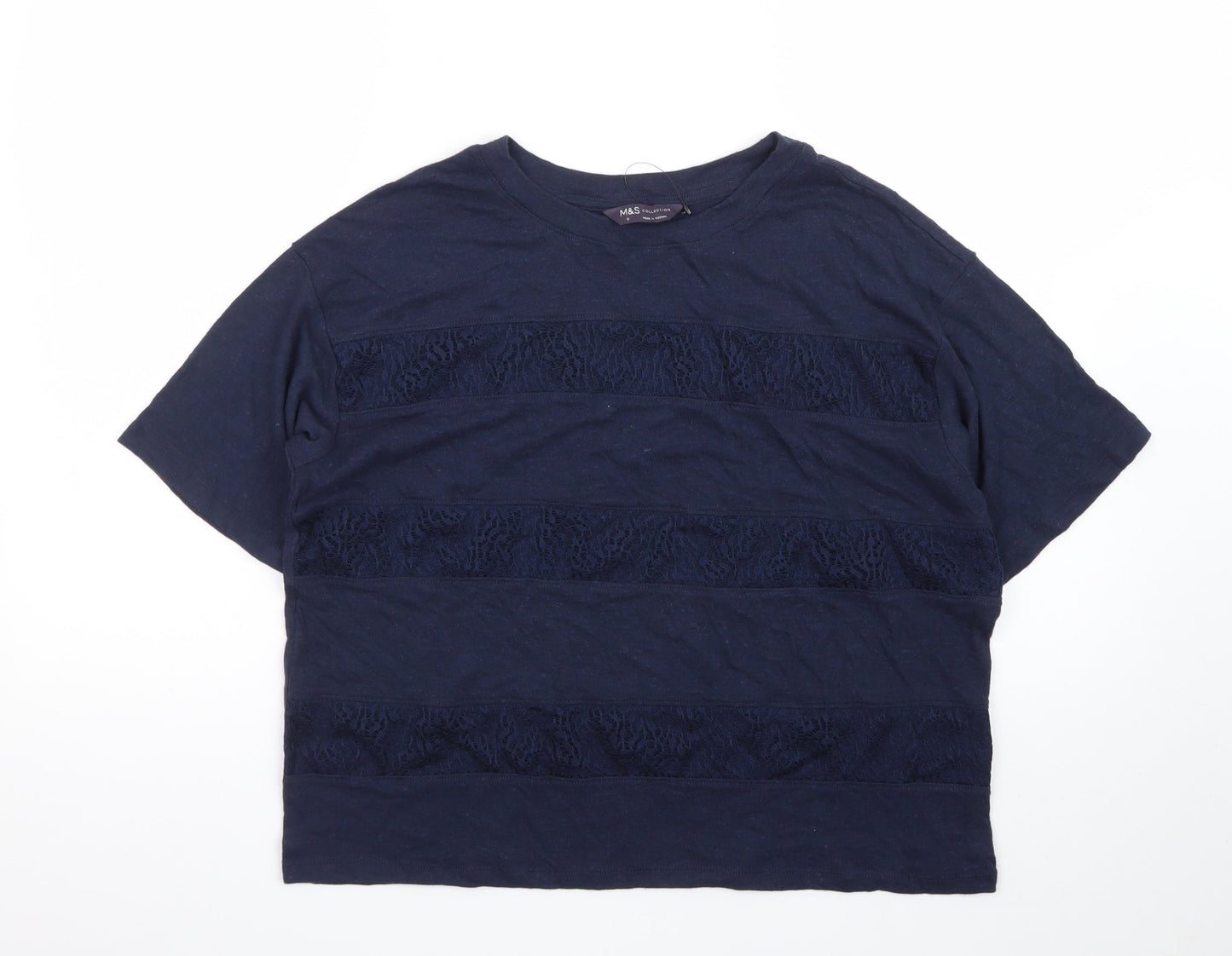 Marks and Spencer Women's Navy Lace Panel Cotton T-Shirt Size 12