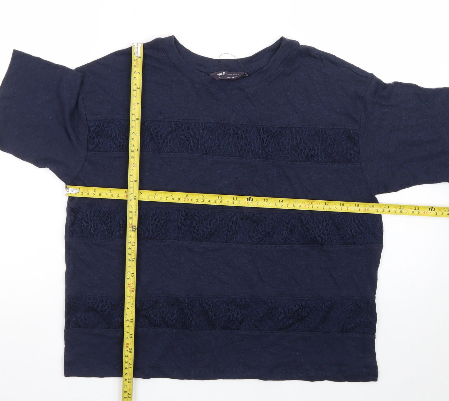 Marks and Spencer Women's Navy Lace Panel Cotton T-Shirt Size 12
