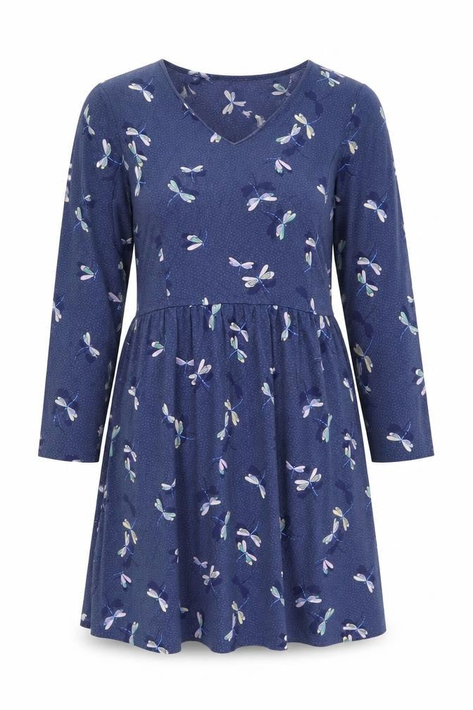 Front view of Cath Kidston women’s blue floral a-line jersey dress, size UK 12