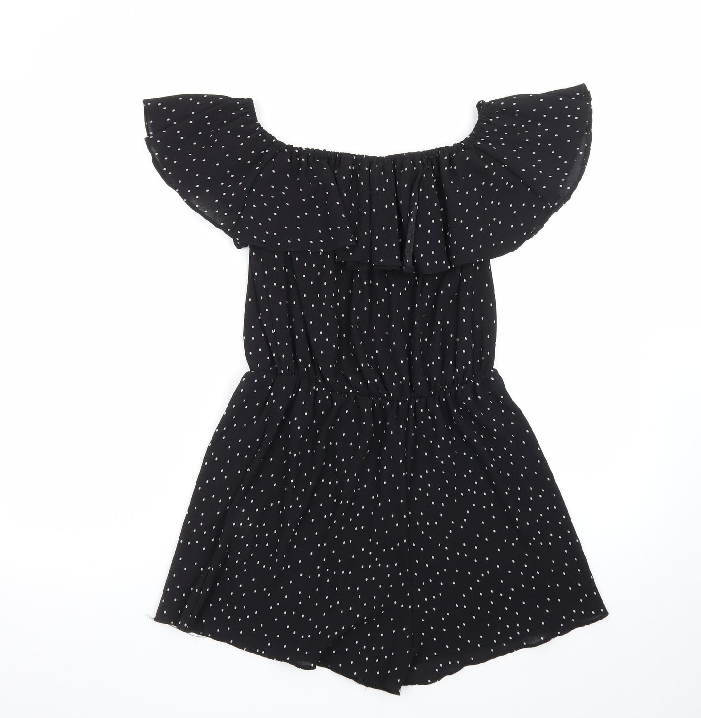 Topshop Women’s Black Polka Dot Off Shoulder Ruffle Playsuit Size 10