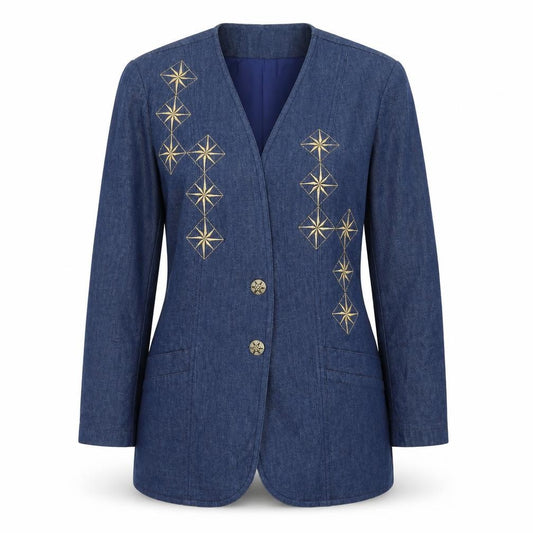 Lucien Daumois Women Blue Cotton Embroidered Blazer Size 14