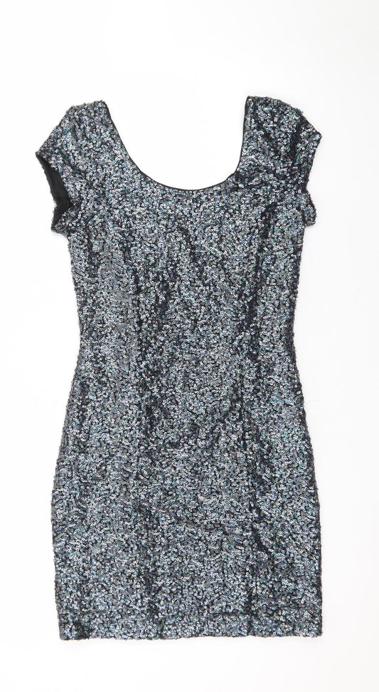 H&M Divided Women’s Silver Sequin Bodycon Short Sleeve Dress Size 10