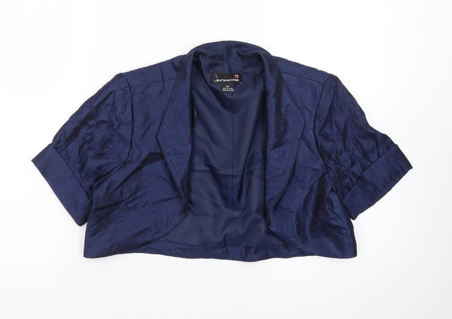 Laura Petites Women's Blue Cropped Silk Blazer Size 12 Petite