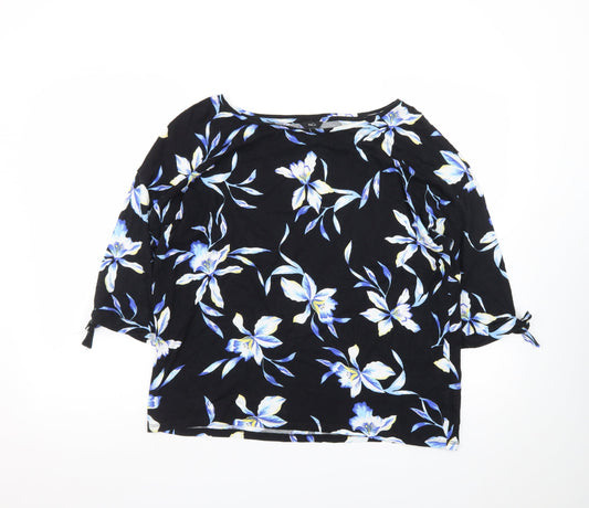 M&Co Womens Black Floral 3/4 Sleeve Tunic Blouse Size 14