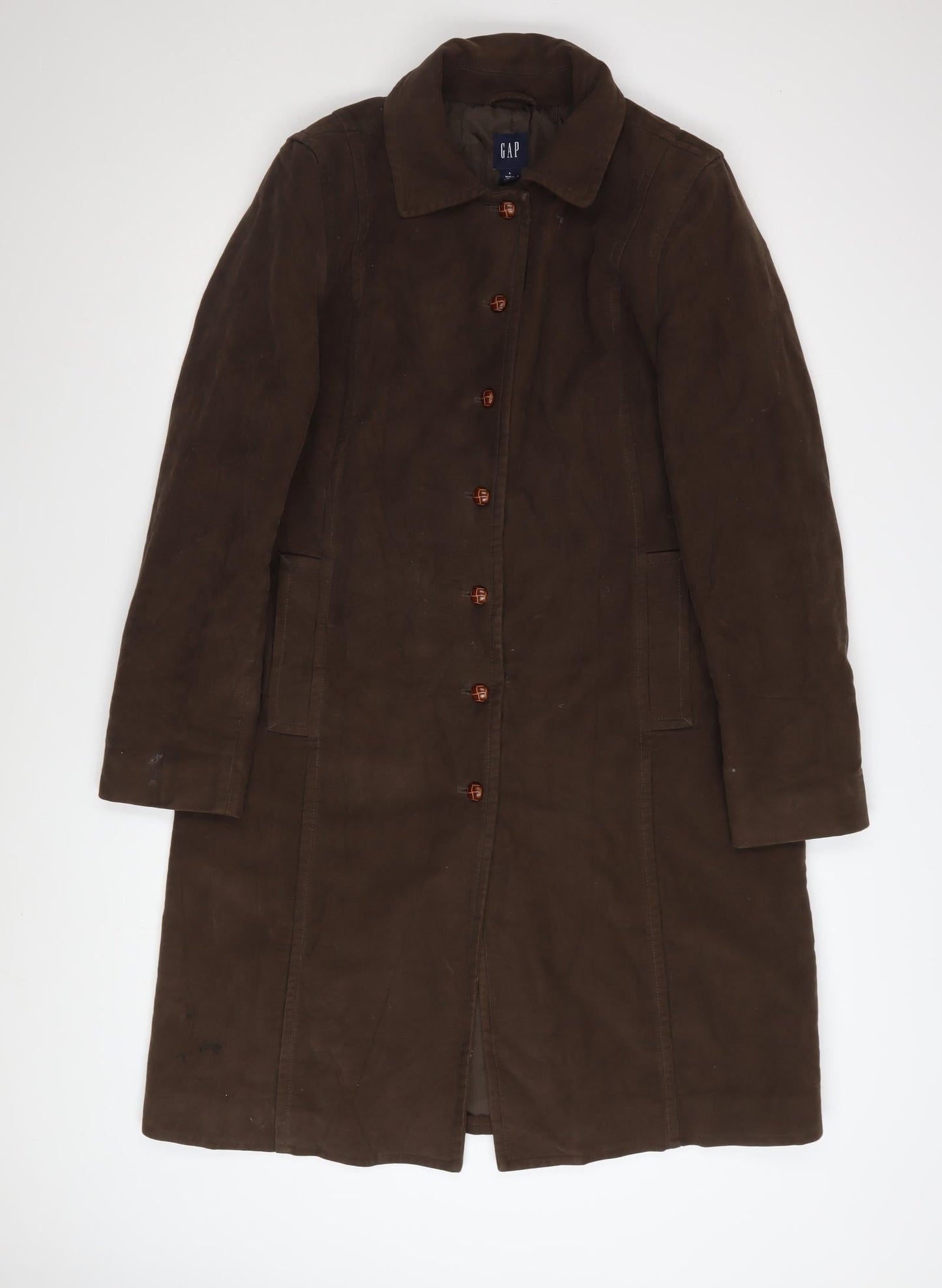 GAP Men's Brown Cotton Long Overcoat Size L Classic Buttoned Style
