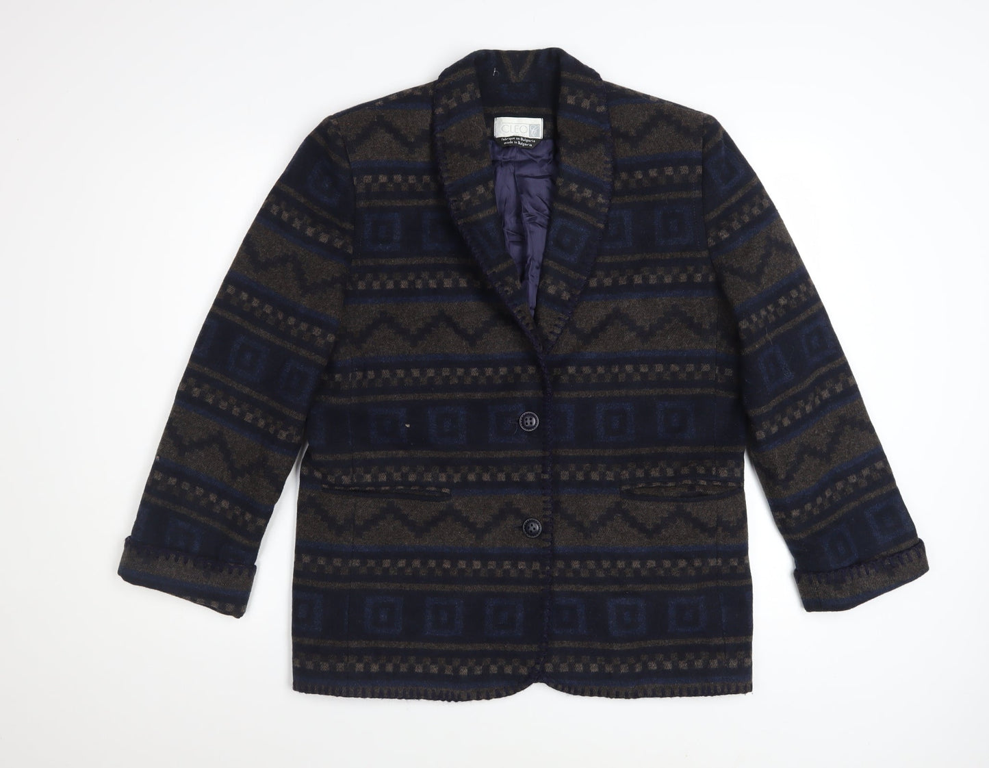 Cleo Petites Women's Navy Brown Wool Blend Aztec Blazer Size 10