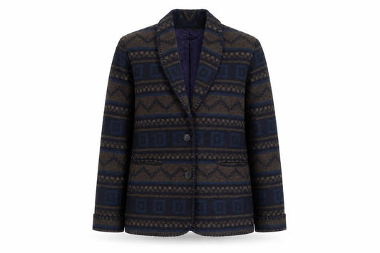 Cleo Petites Women's Navy Brown Wool Blend Aztec Blazer Size 10