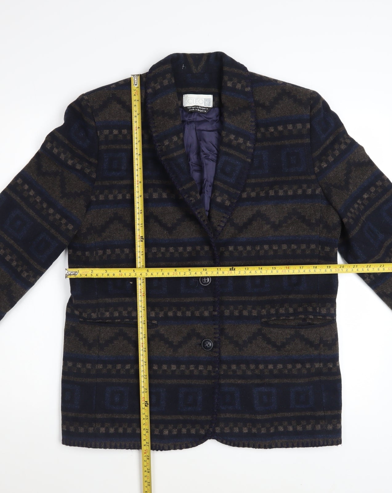 Cleo Petites Women's Navy Brown Wool Blend Aztec Blazer Size 10