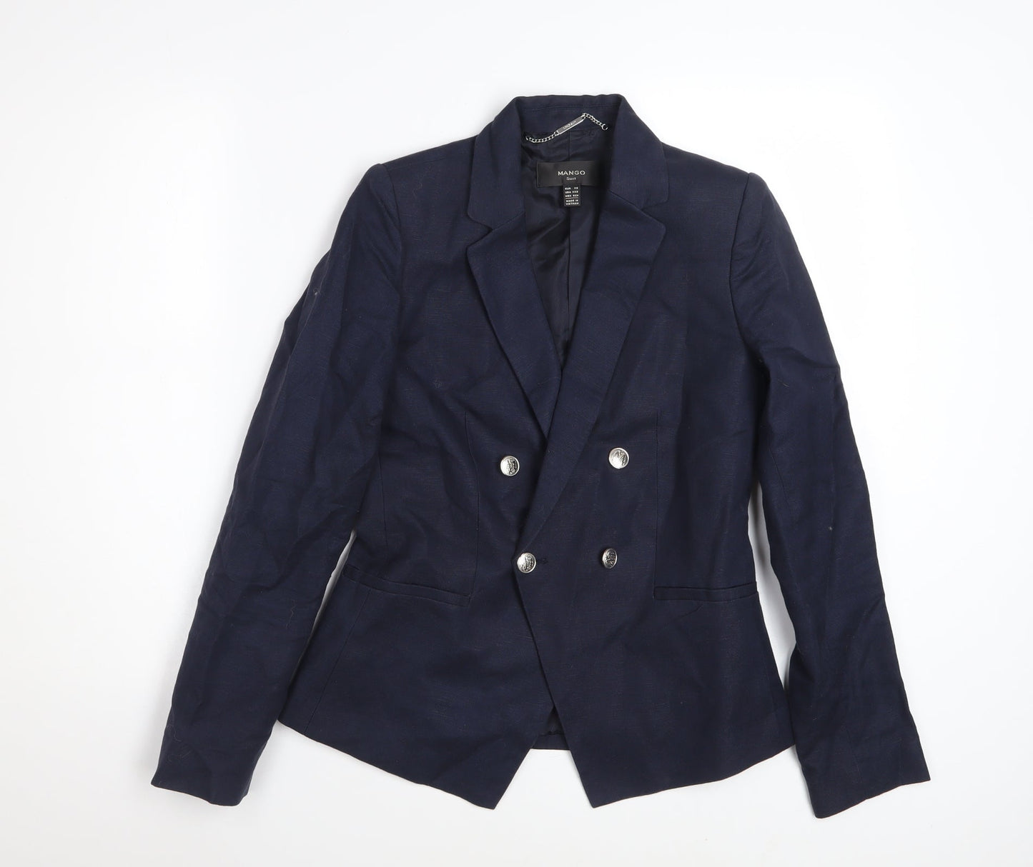Mango Women Blue Double Breasted Cotton Linen Blazer XS