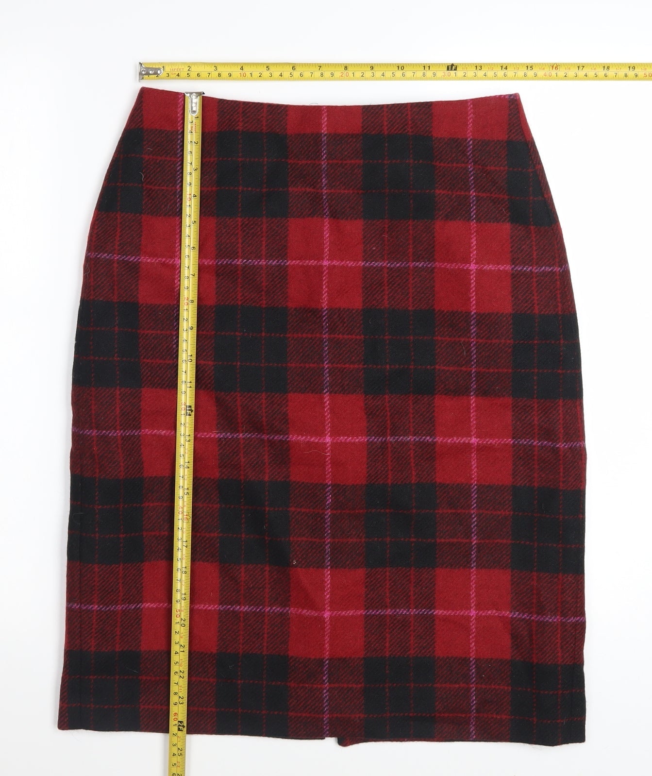 Hobbs Women Red Wool Plaid Pencil Skirt Size 10 Knee Length