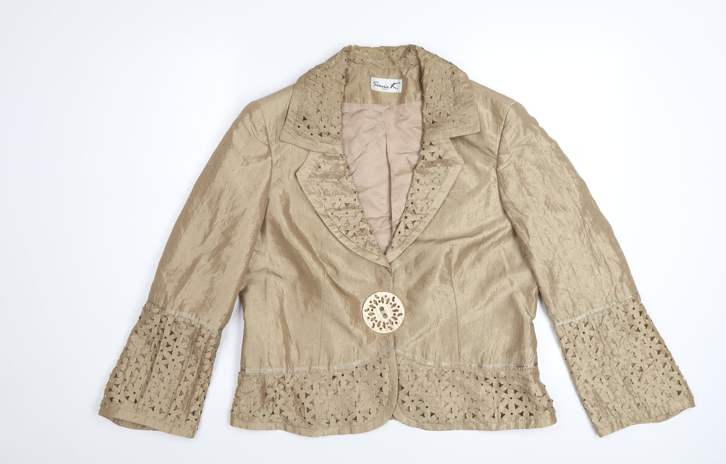 Sonia K. Women Beige Blazer Jacket Size 12 Lace Detail Silk Blend