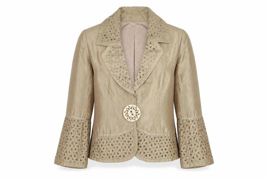 Sonia K. Women Beige Blazer Jacket Size 12 Lace Detail Silk Blend