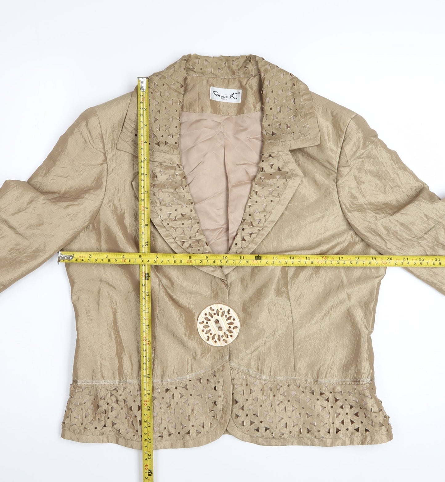 Sonia K. Women Beige Blazer Jacket Size 12 Lace Detail Silk Blend