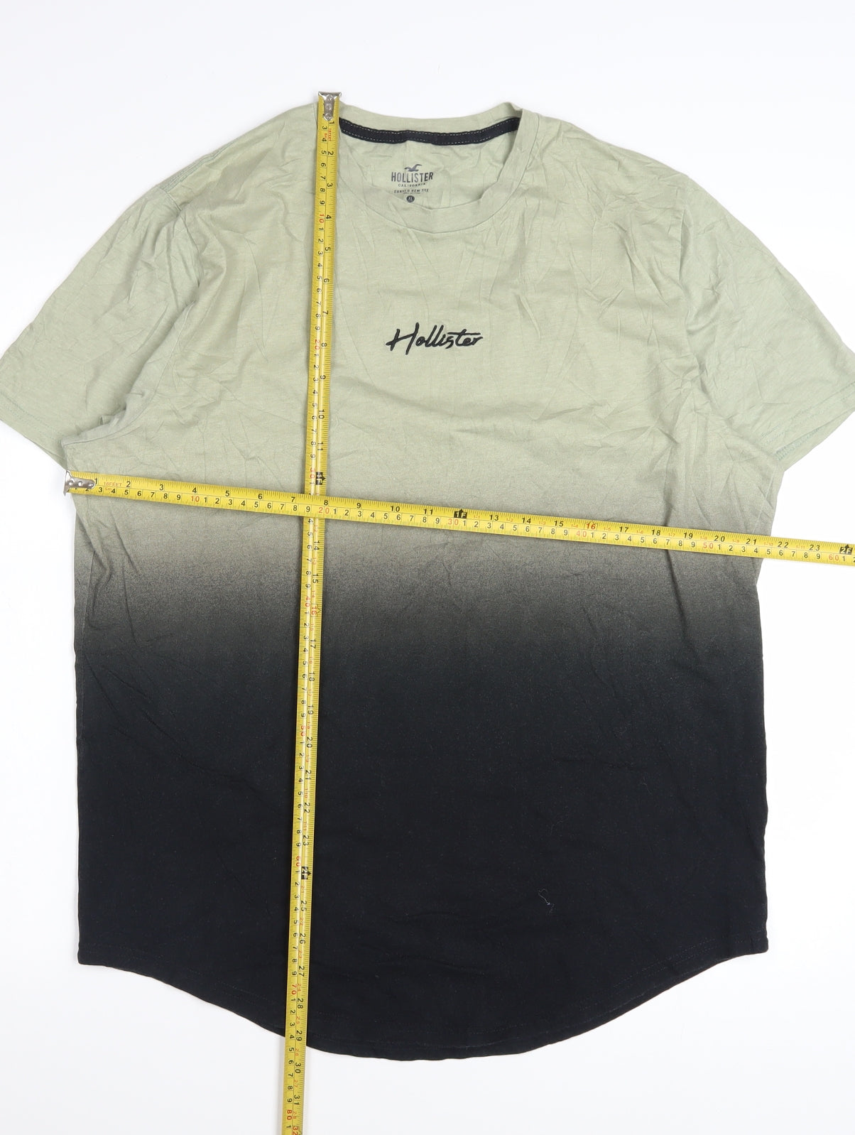 Hollister Men's Green Black Ombre Curved Hem T-Shirt XL Cotton