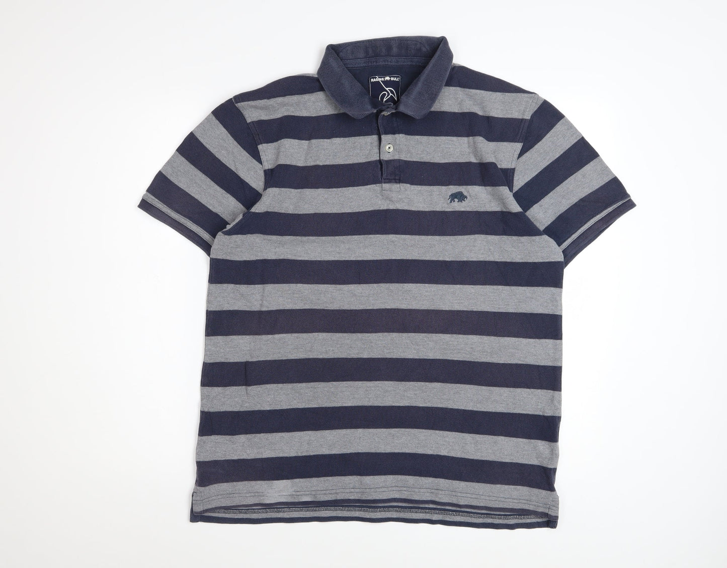 Raging Bull Men's Blue Striped Cotton Polo Shirt Size L