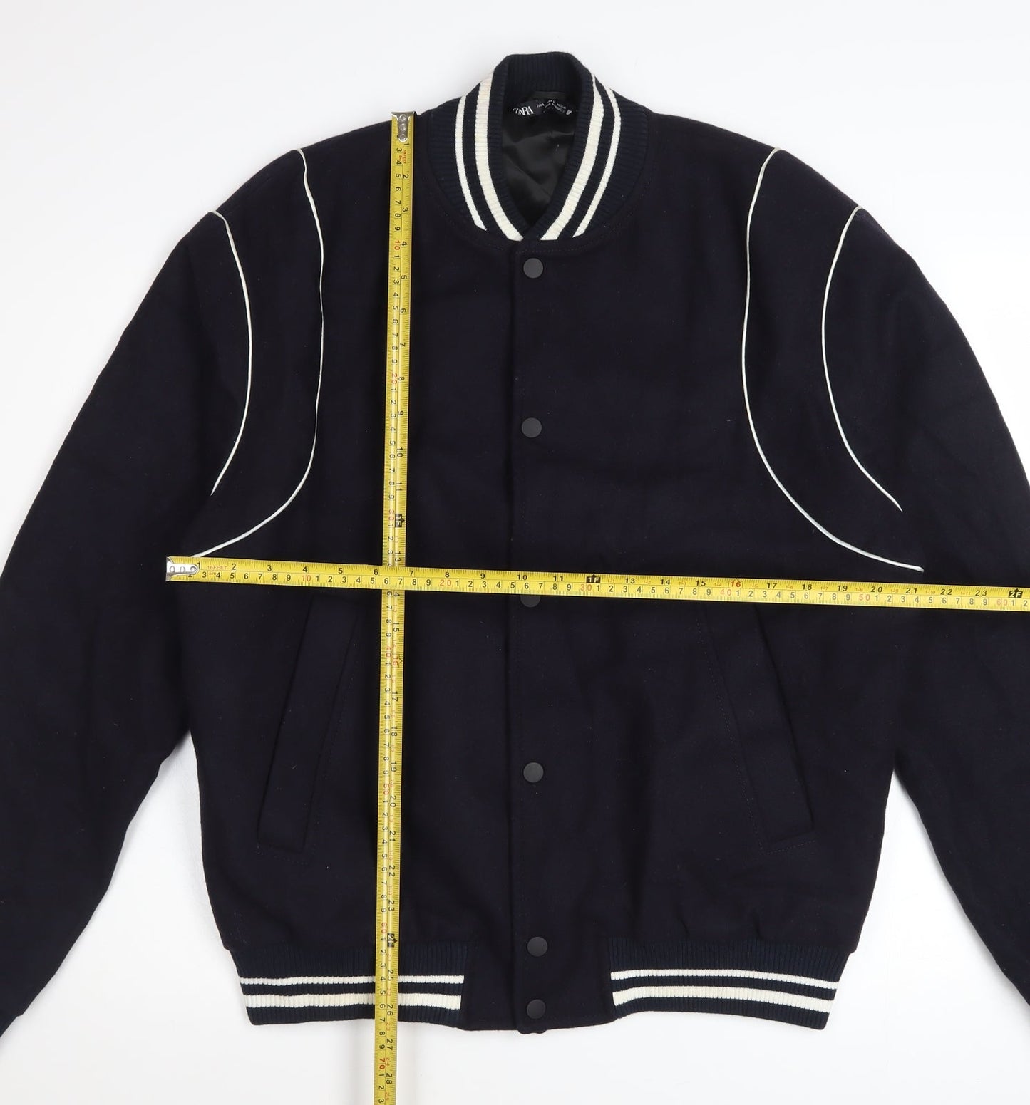 Zara Men's Blue Wool Varsity Jacket Size L Short Retro Style