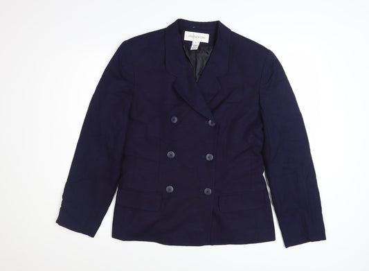 Jones New York Women Navy Double-Breasted Blazer Size 10 Linen Blend