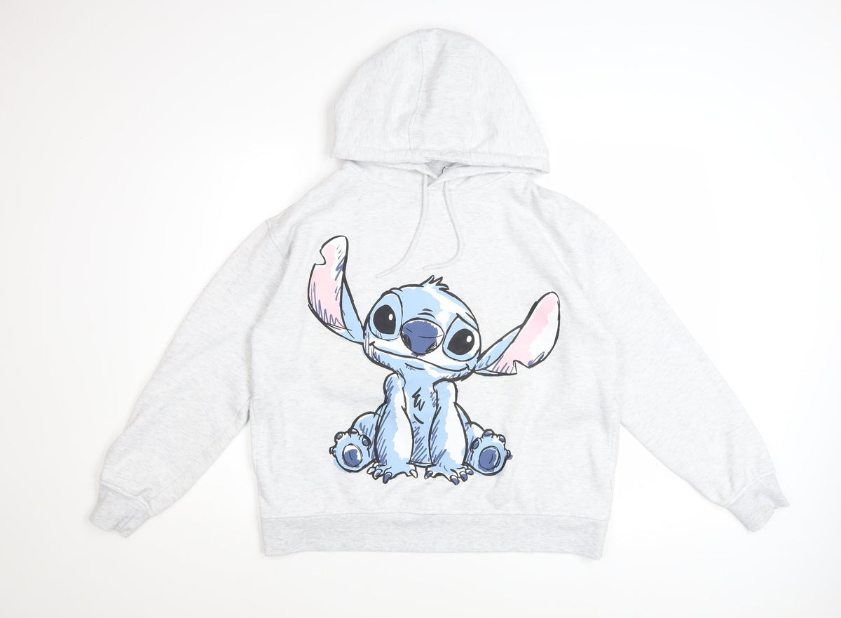 Front view of Disney Women’s Grey Stitch Hoodie, size M, Pullover Sweatshirt