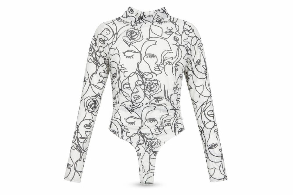 PRETTYLITTLETHING Women White Black Abstract Face Mesh Bodysuit UK 8