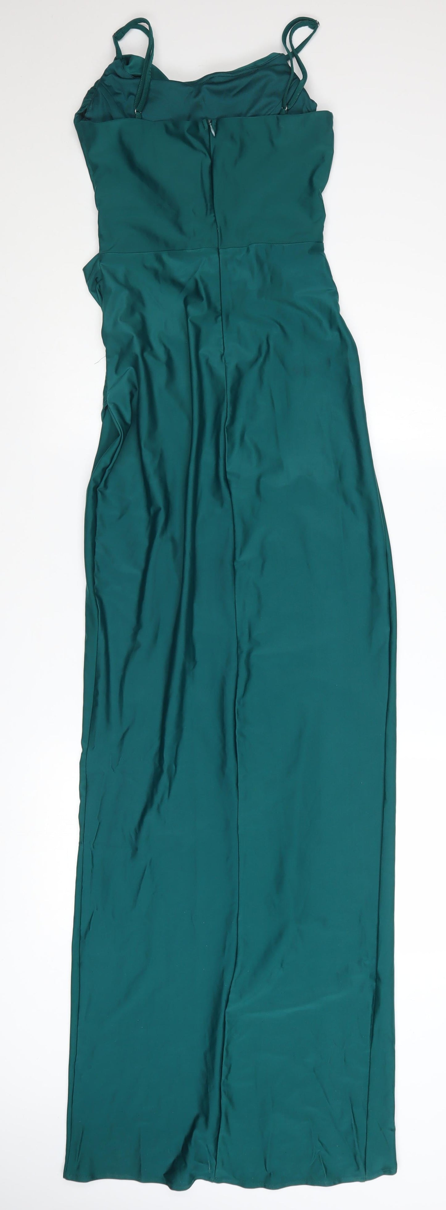 FAERIESTY Women’s Green Satin Cowl Neck Ruched Slip Dress Size S