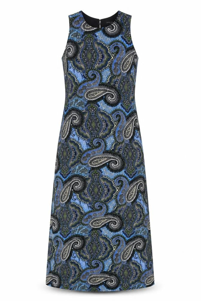 Front view of Dorothy Perkins women’s blue paisley shift dress, size UK 12, sleeveless