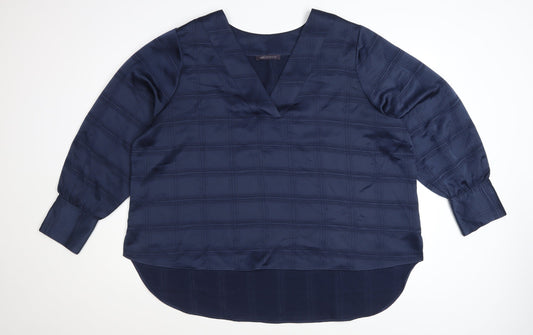Marks and Spencer Women Blue Plus Size 24 V-Neck Long Sleeve Blouse