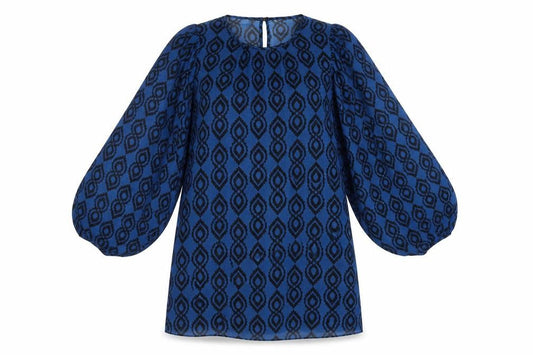 Zara Women Blue Geometric Shift Dress XL Balloon Sleeve Boho Style