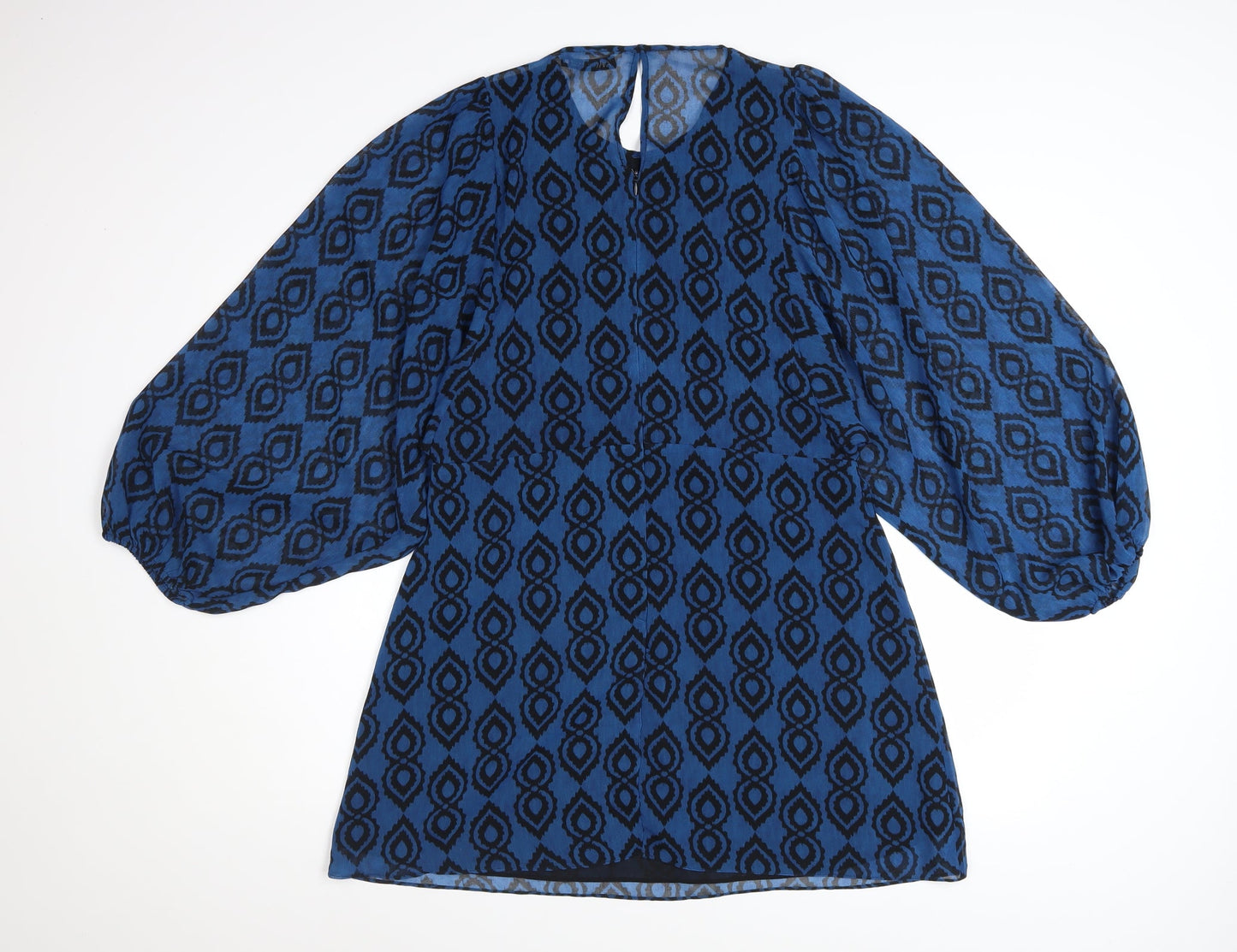 Zara Women Blue Geometric Shift Dress XL Balloon Sleeve Boho Style