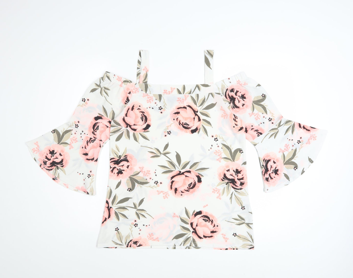 Quiz Women's White Floral Off Shoulder Bell Sleeve Blouse Size 10