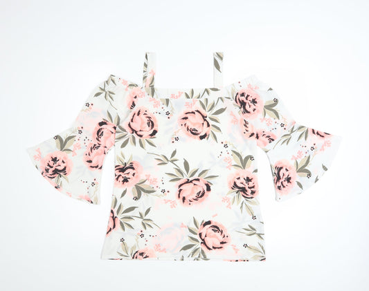 Quiz Women's White Floral Off Shoulder Bell Sleeve Blouse Size 10