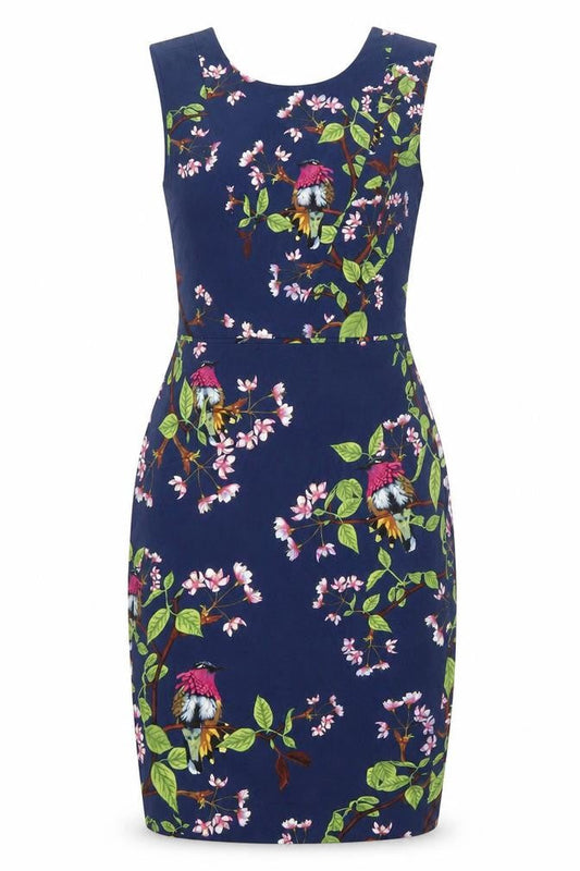 Oasis Women's Blue Floral Bird Sheath Dress Size 8