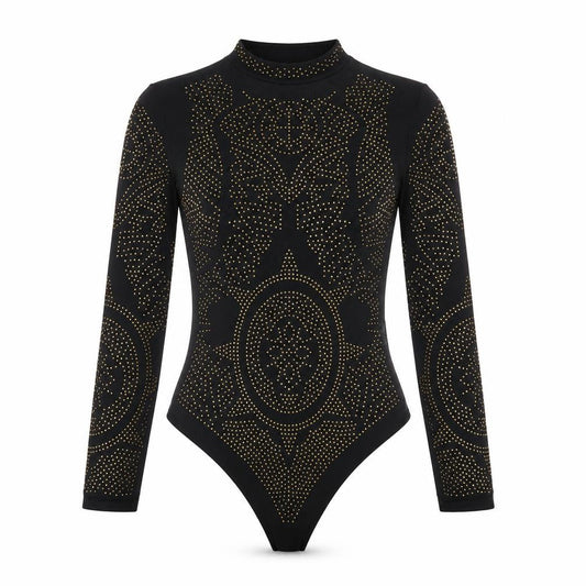Lajoly & Co Women Black Gold Studded Long Sleeve Bodysuit M