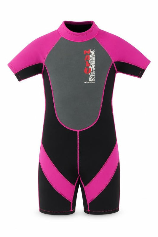 Front view of Nalu Waveware girls’ pink & black short sleeve wetsuit 13-14 years