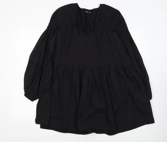 Boohoo Womens Black Cotton Smock V-Neck Long Sleeve Short Dress Size 12