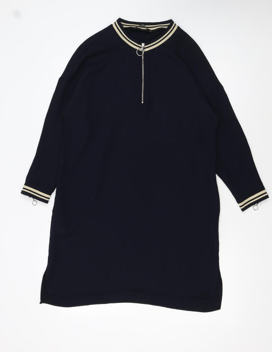 Zara Women Black Shift Dress S High Neck Zip Knit Casual Classic