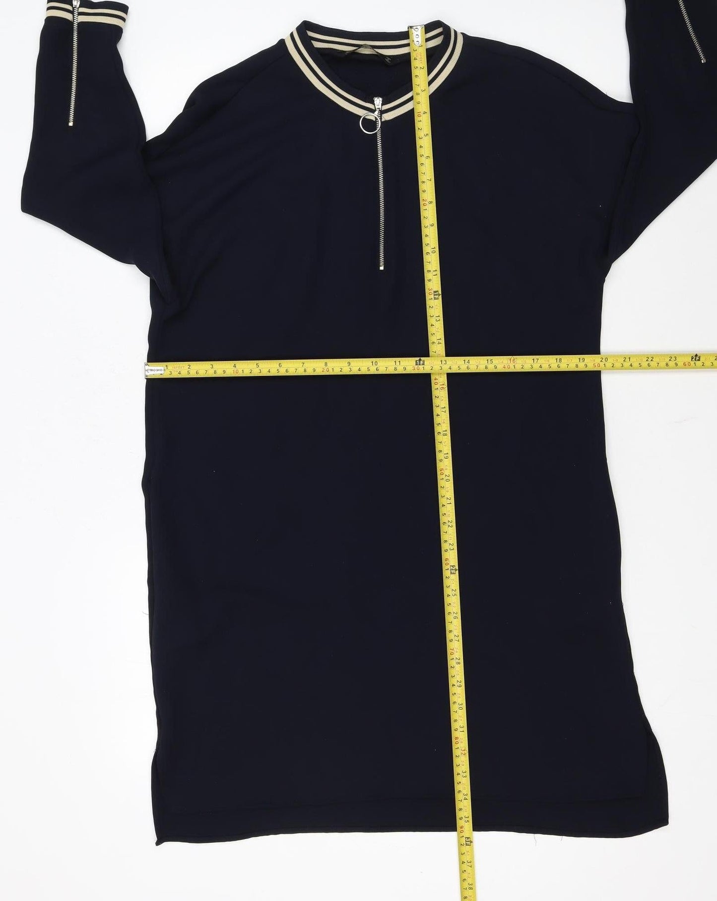 Zara Women Black Shift Dress S High Neck Zip Knit Casual Classic