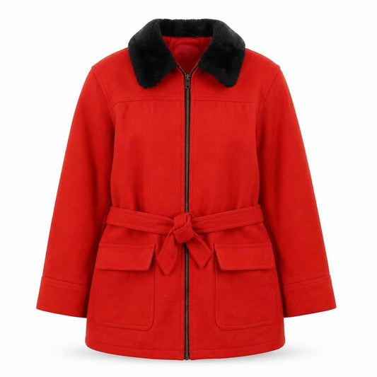 North Legend Women's Red Wool Coat with Faux Fur Collar Belted M