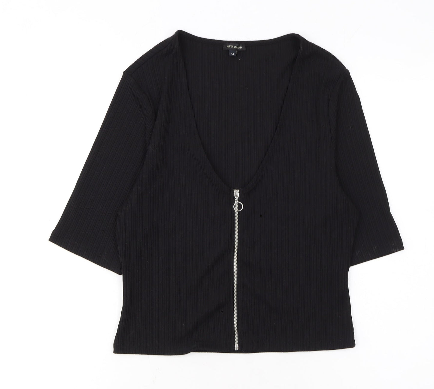 River Island Women’s Black Ribbed Zip Front Cropped Top Size 14
