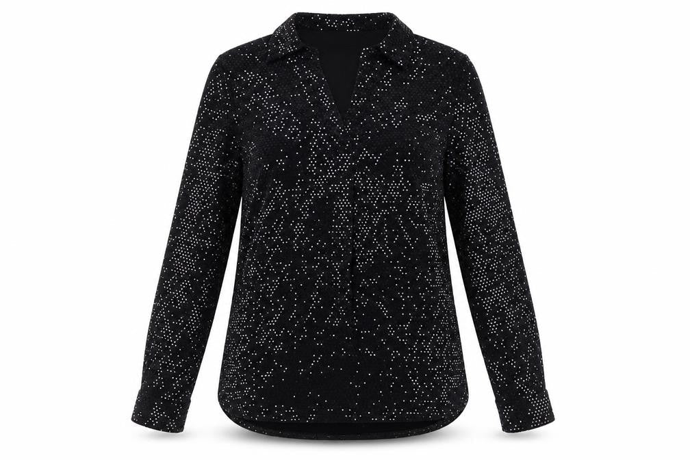 Front view of Roman Women Black Sequin Long Sleeve Tunic Blouse, size 12