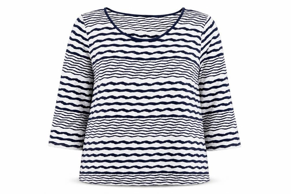 Front view of Soon Women Blue White Striped 3/4 Sleeve Jersey T-Shirt, size 14