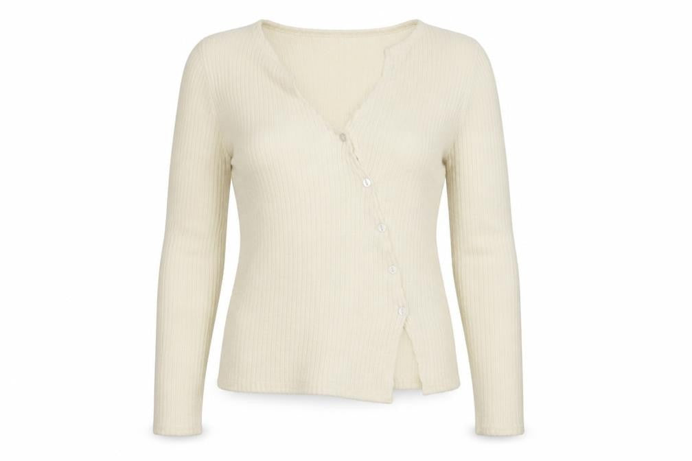 PRETTYLITTLETHING Women Ivory Ribbed V-Neck Button Cardigan M