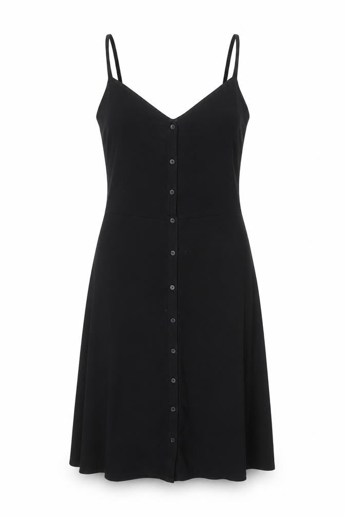 Front view of Dorothy Perkins Women’s Black Slip Dress, size UK 6, Sleeveless Jersey Button Front