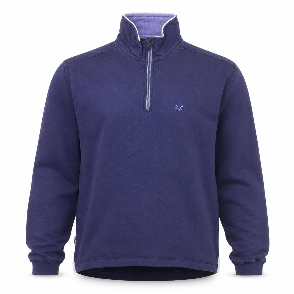 Front view of Crew Clothing Men’s Blue 1/4 Zip Pullover Sweatshirt, size S